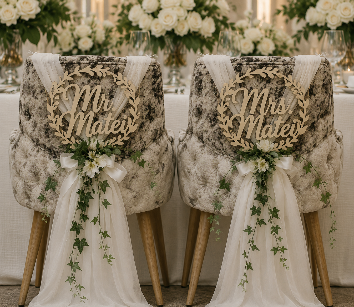 Decorațiuni personalizate pentru scaunele mirilor – Mr & Mrs din lemn, HDF