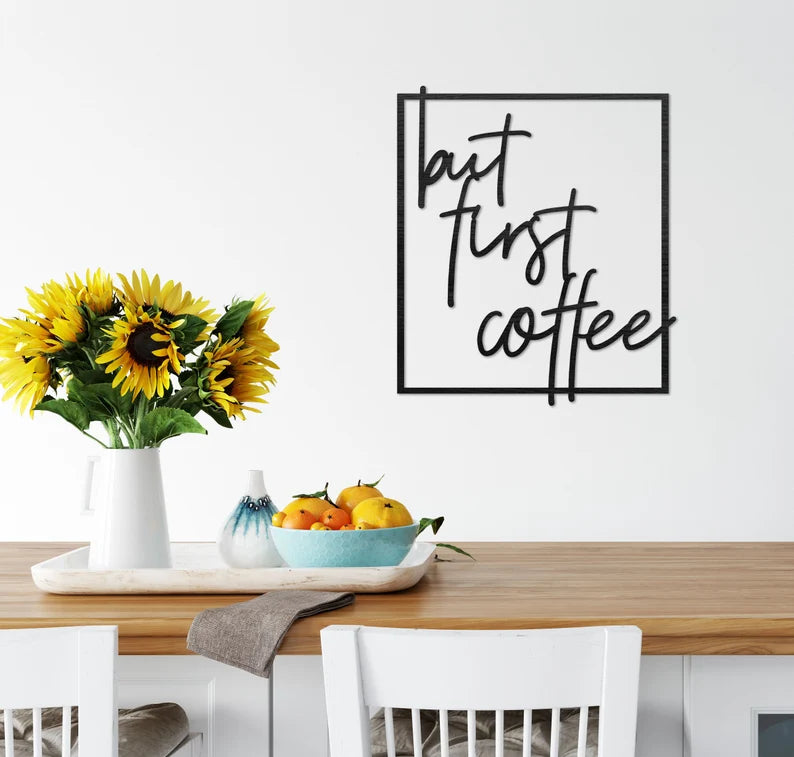Decorațiune Perete "But First Coffee” – Tablou Minimalist din Lemn pentru Bucătărie sau Coffee Corner