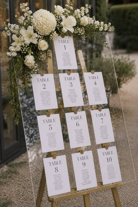 Panou Organizare Mese din Acril Transparent – Seating Chart Elegant pentru Nuntă