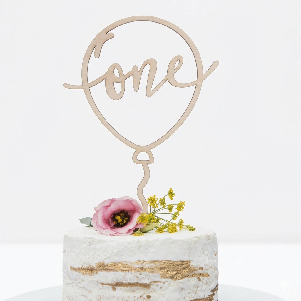 Topper tort „One Balloon” din lemn – decor aniversar 1 an / tăiere moț
