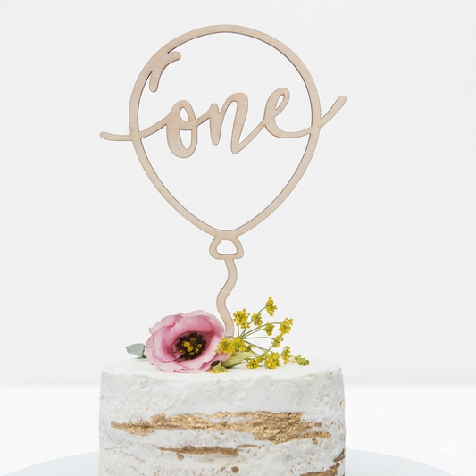 Topper tort „One Balloon” din lemn – decor aniversar 1 an / tăiere moț