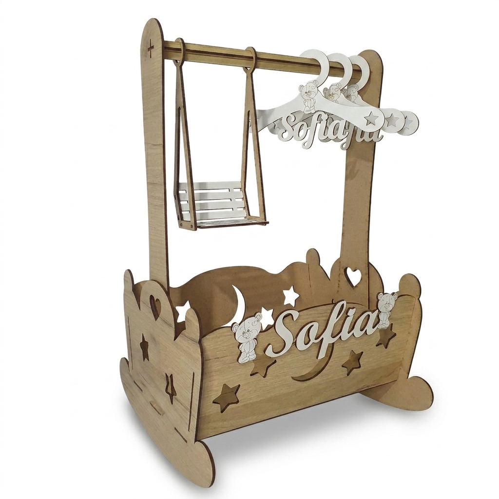 Cutie Cadou cu Umeraș și Leagăn pentru Bebeluși Decor din Lemn Tăiat Laser
