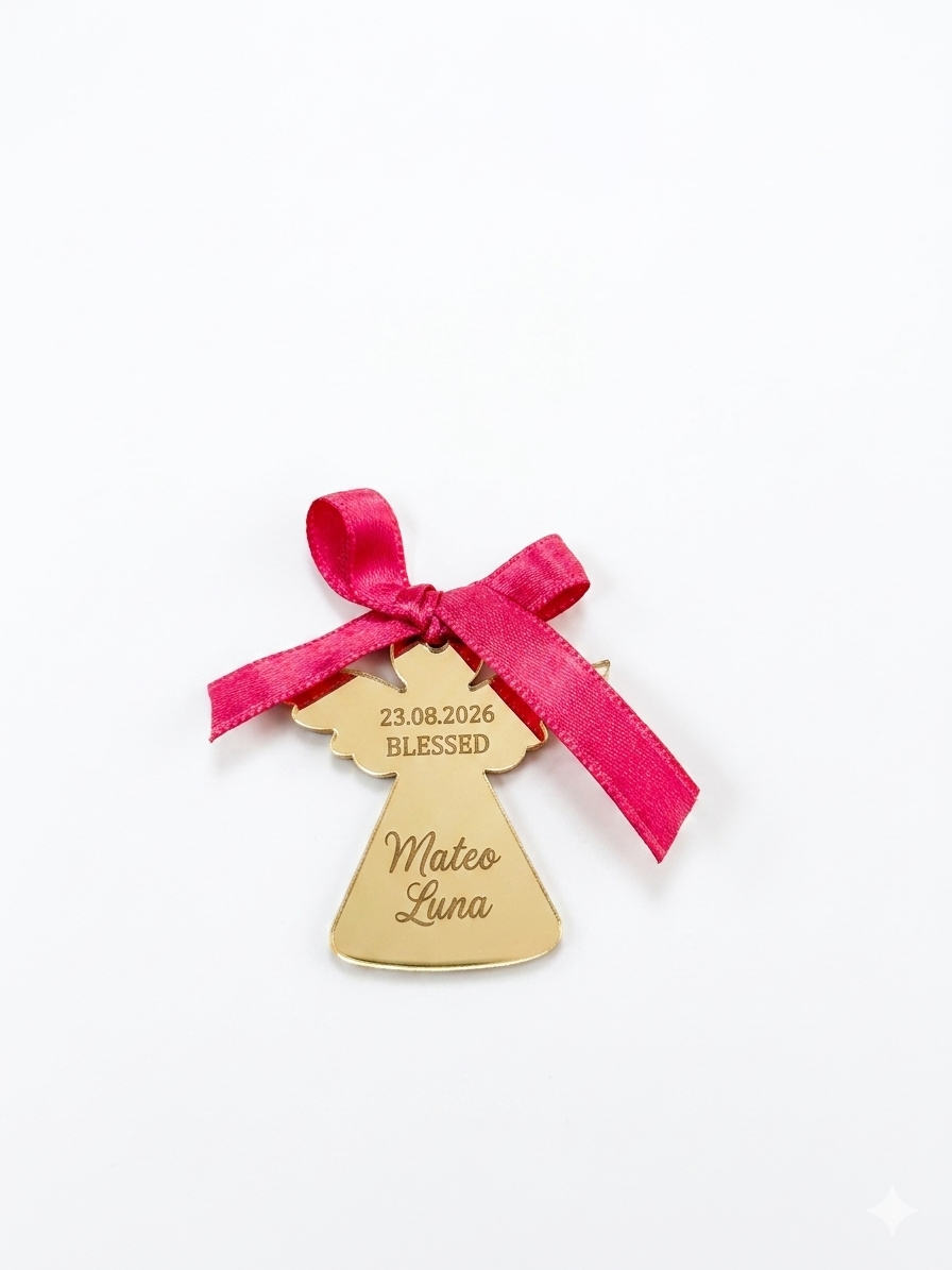 Mărturii Botez Îngeraș din Plexiglas Oglindă Aurie cu Fundă, Personalizate Set 25 buc