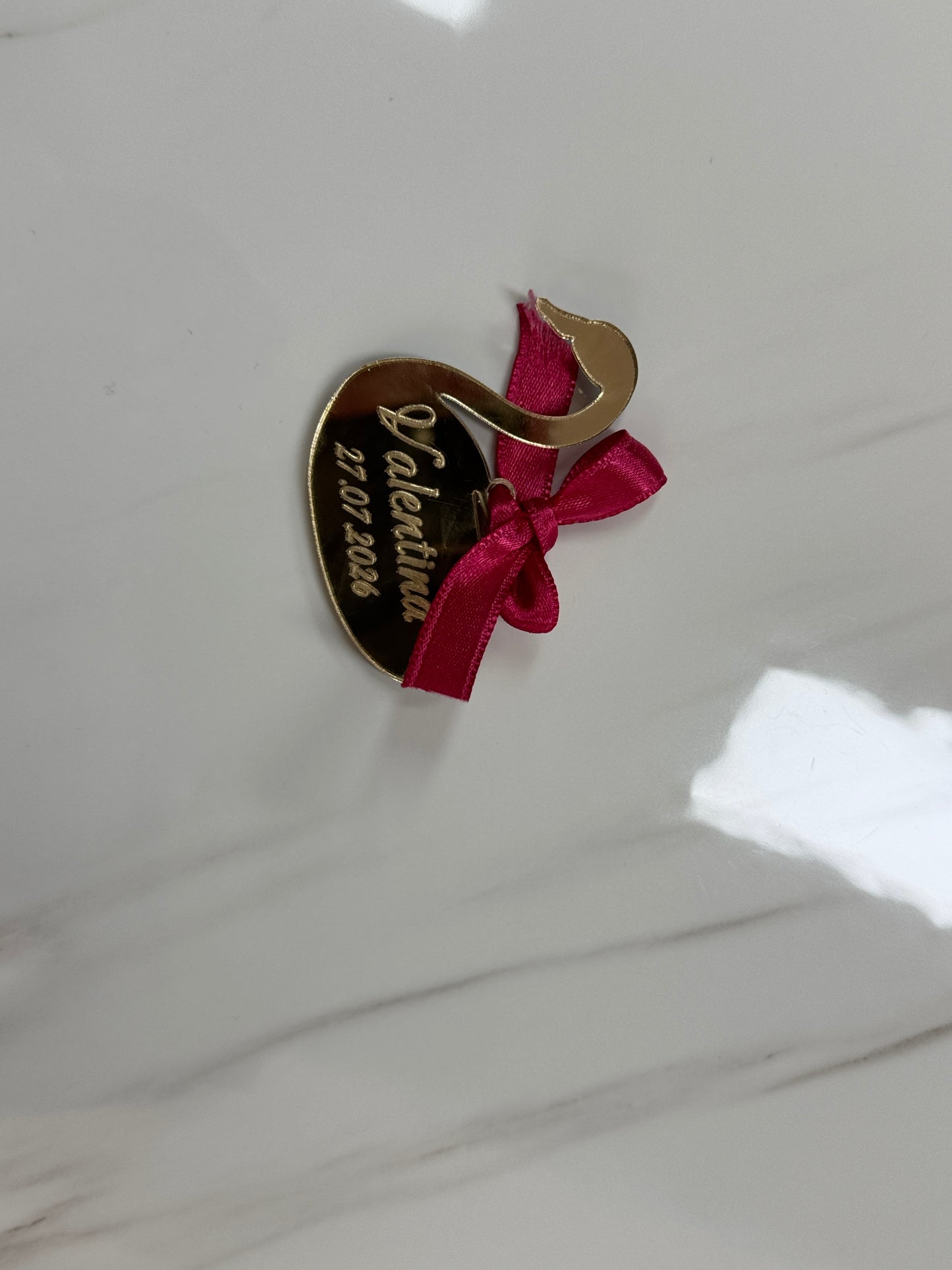 Mărturii Botez Îngeraș din Plexiglas Oglindă Aurie cu Fundă, Personalizate