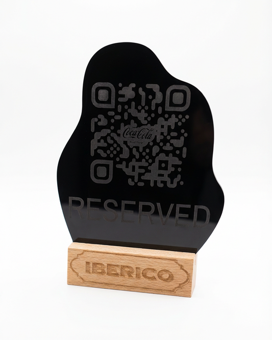 Display QR Code Premium – Acril Negru Curbat și Lemn