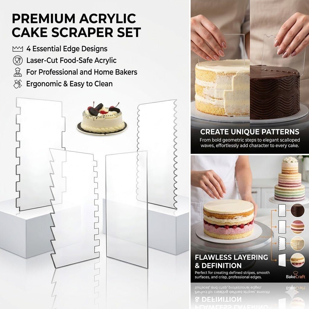 Set 4 Raclete Tort din Acril -Cake Scrappers– Instrument Profesional pentru Netezire Perfectă a Cremei și Marginilor