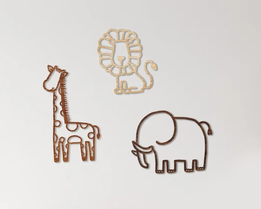 Set 3 Decorațiuni Perete "Safari Friends” – Animăluțe din Lemn pentru Camera Copilului